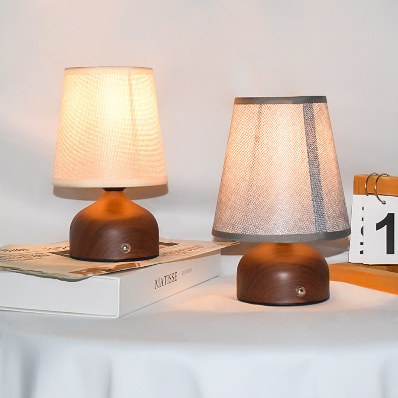 Fabric shade rechargeable table lamp for a compact dorm room