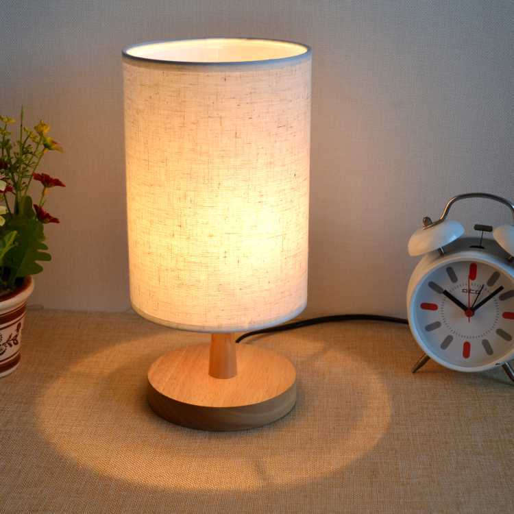 Solid wood linen bedside table lamp with beige shade