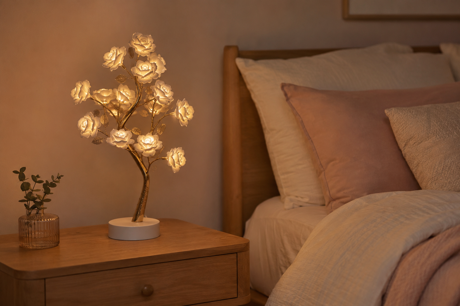 Warm rose flower lamp styled on a bedside table in a cozy bedroom