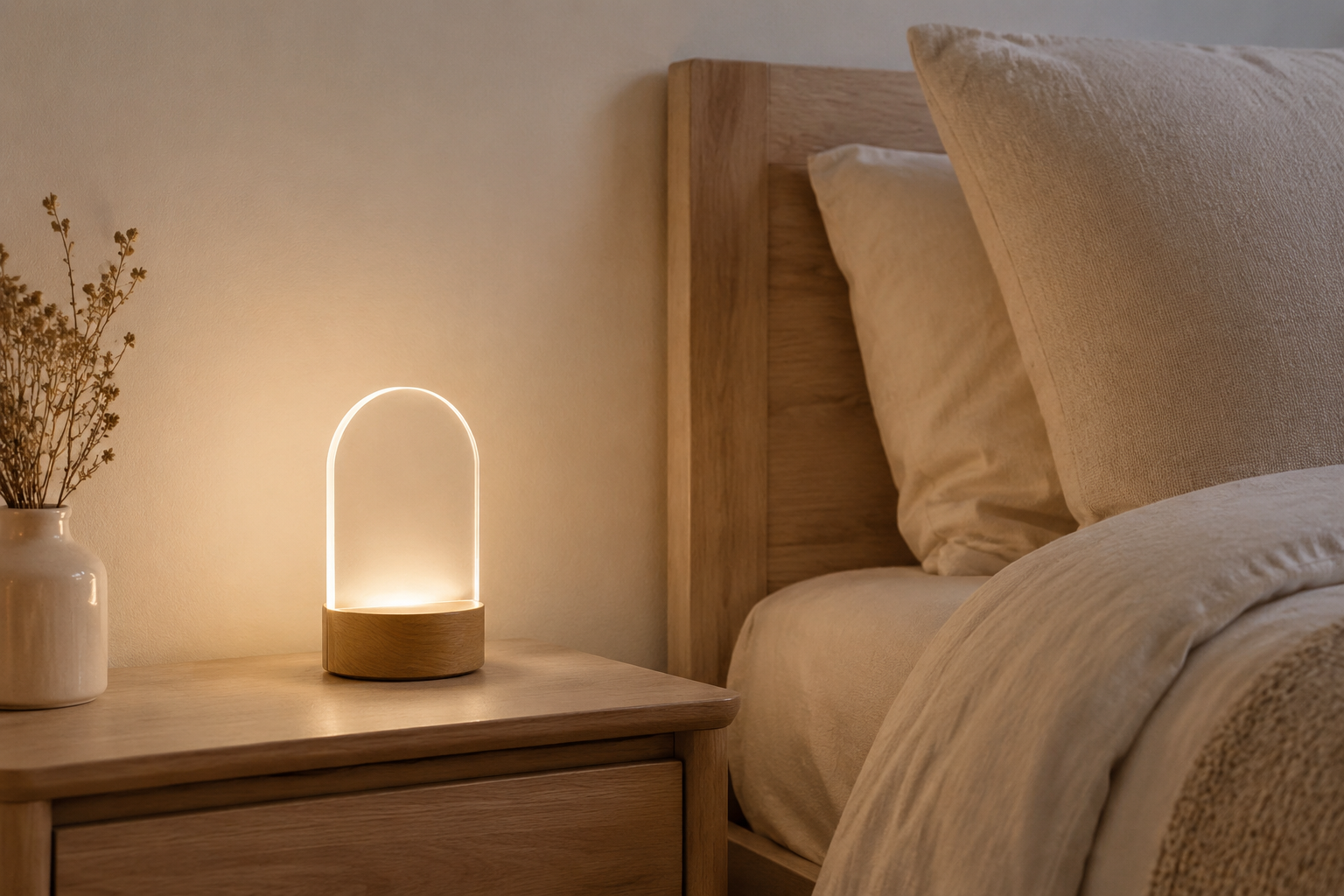 Compact wooden bedside night light in a warm neutral bedroom