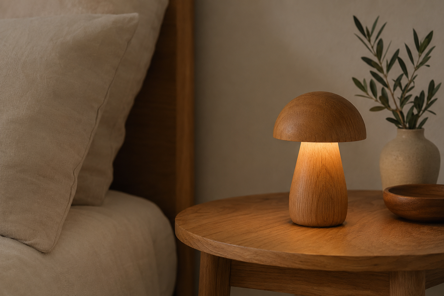 Wooden mushroom night light styled in a calm modern bedroom